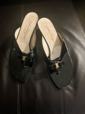 Salvatore Ferragamo Black Patent Leather Thong Mules with Bow